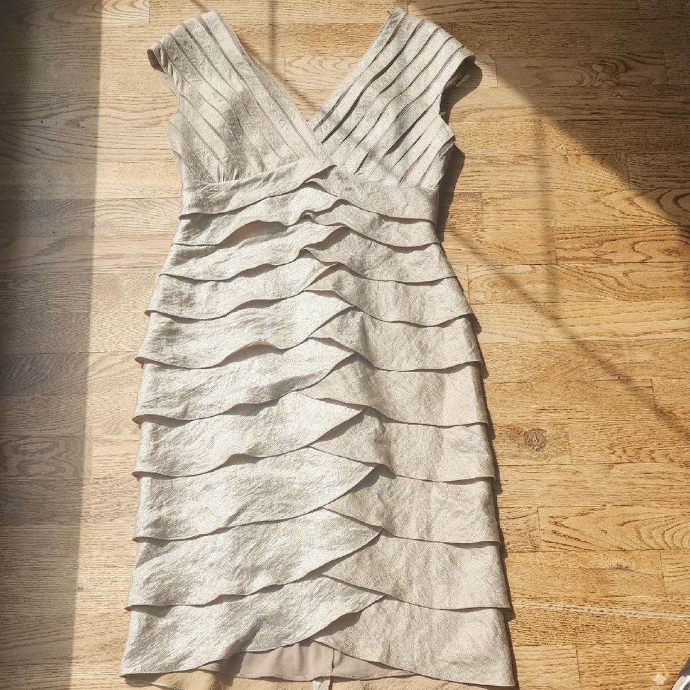 (4) Adrianna Papell Layered Gold Dress Formal Shimmer Ruffled Tiered Flattering